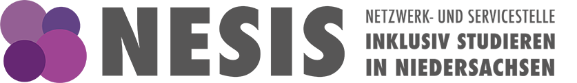 Projektlogo mit vier überlappenden Kreisen in unterschiedlichen Lilatönen – von hell bis dunkel. Darunter steht in dunkelgrauen Großbuchstaben: „Netzwerk- und Servicestelle inklusiv Studieren in Niedersachsen