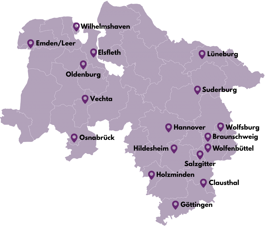 Landkarte von Niedersachsen mit Standorten &ouml;ffentlicher nieders&auml;chsischer Hochschulen. Die Standorte sind auch unter Beauftragte f&uuml;r Studierende mit Behinderungen oder chronischen Erkrankungen zu finden.